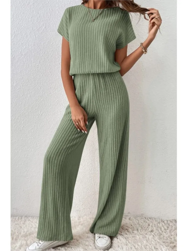 Homewear Long Pant Sets Women Outfits 2024 Summer Autumn Short Sleeve T-shirt Top + Straight Loose Wide Leg Pants 2 Piece Set