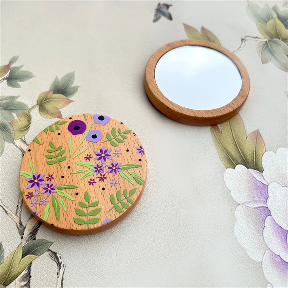 Wooden Print Pattern Mirror Vintage Portable Small Round Cosmetic Mirrors Compact Makeup Women Travel Beauty Mirrors