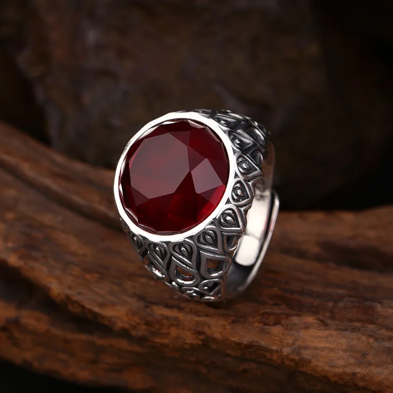 S925 Sterling Silver Red Zircon Adjustable Ring Punk Yoga Style Hip Hop Old Process Round Stone Free Size Fine Jewelry FYRNG090