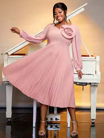 Plus Size Pink Pleated Dress Loose Bubble Sleeves Diagonal Collar 3D Rose Dress Elegant Pleated Wedding Bridesmaid Evening Dress