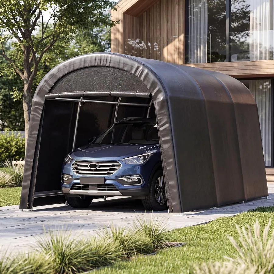Feet Carport Round Top Shelter, Waterproof UV-Resistant PE Cover, Gray, Heavy-Duty Weather Protection For Outdoor Vehicle Stora
