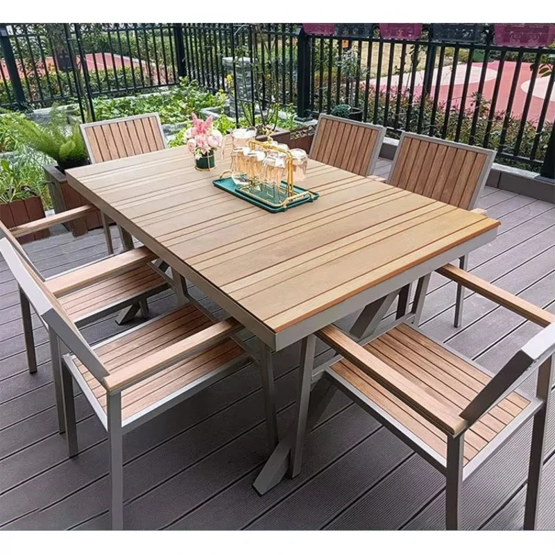 Outdoor waterproof metal frame plastic wood cafe catering barbecue balcony courtyard garden chair table set