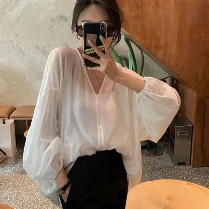 Shirts Women Temperament Sheer Hotsweet Casual Sun-proof V-neck Popular Summer Thin Simple Korean Style Female Loose Breathable