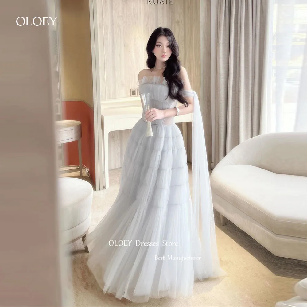 

OLOEY Fairy Tulle Korea Evening Dresses Wedding Photoshoot Strapless Floor Length Prom Gowns Corset Back Princess Formal Party