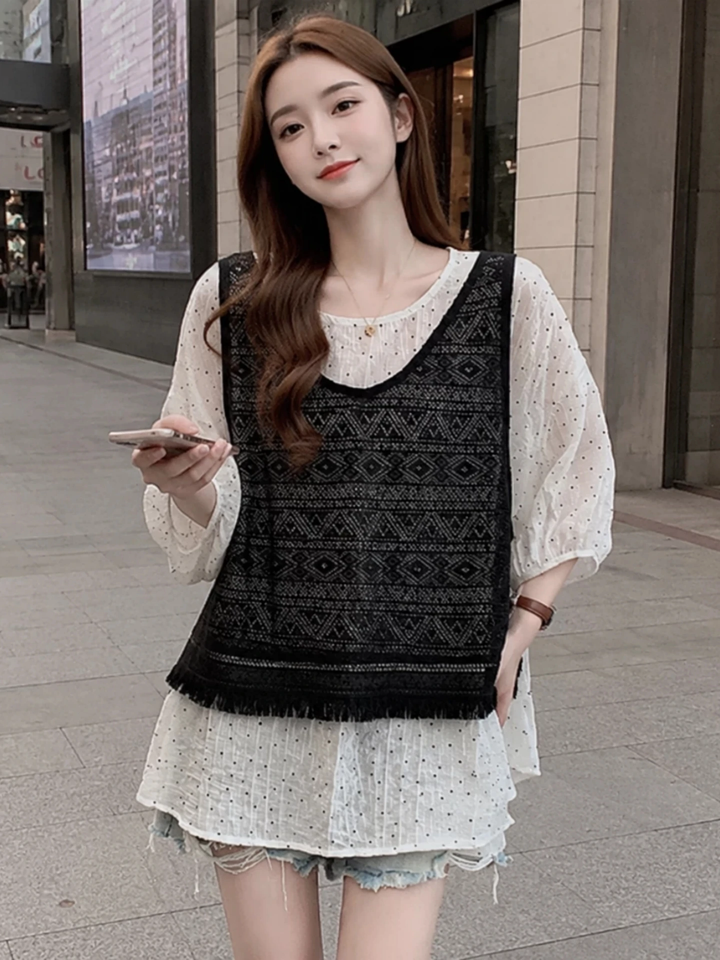 

Summer New plus Size Women's Shirt Halter Neck Polka Dot Short Sleeve Fake Two-Piece Top Breathable Korean Style Loose Fit