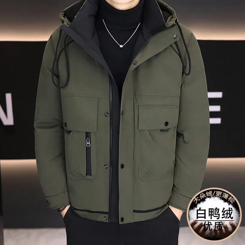 Men's down jacket, solid color hooded white duck down workwear warm jacket, fashionable windbreaker