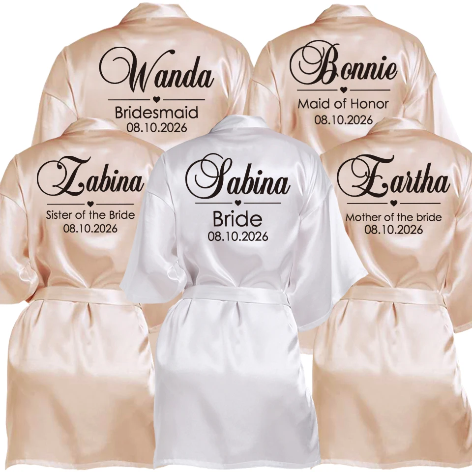 

Customized Name Date Wedding Bathrobe Faux Silk Bridal Robe Bride Bridesmaid Wedding Robes Woman Bachelorette Hen Party