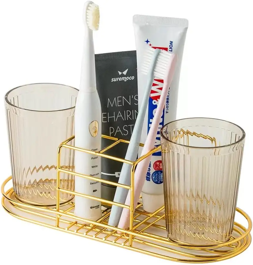 

Toothbrush Holder with Cup,Electric Toothbrush Toothpaste Holder, Stainless Steel Bathroom Stand or Wall-Mounted with 2 Cups（Gol