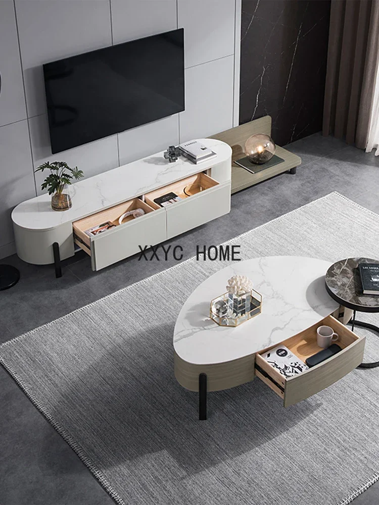 Cream Style Coffee Table TV Cabinet Combination Modern Minimalist Stone Plate Living Room