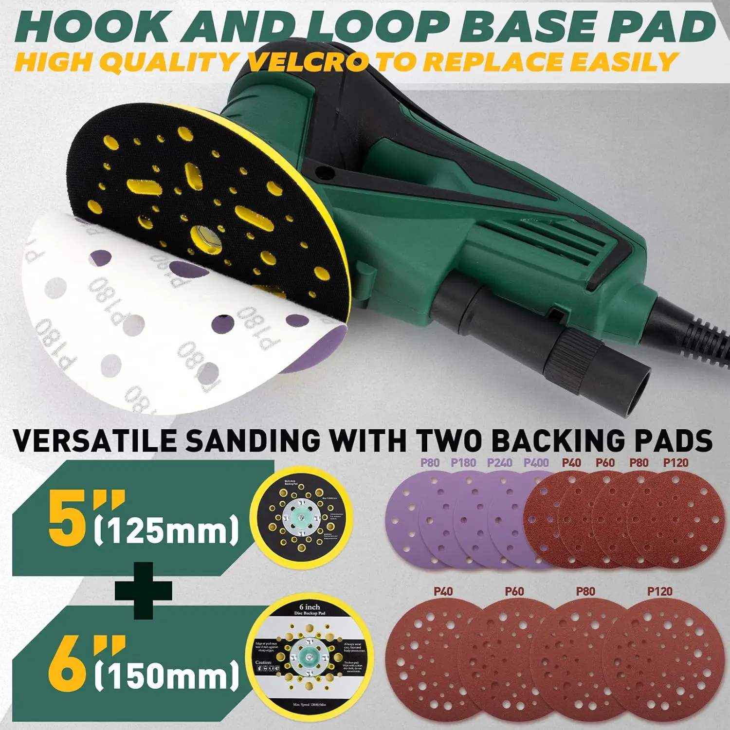 Sander Orbital Acak Kelas Pro |   Pembangkit Listrik Tanpa Sikat 350W dengan Bantalan Ganda 5" & 6". |   Kecepatan Variabel 4000-10K RPM |   Woodwo Bebas Debu