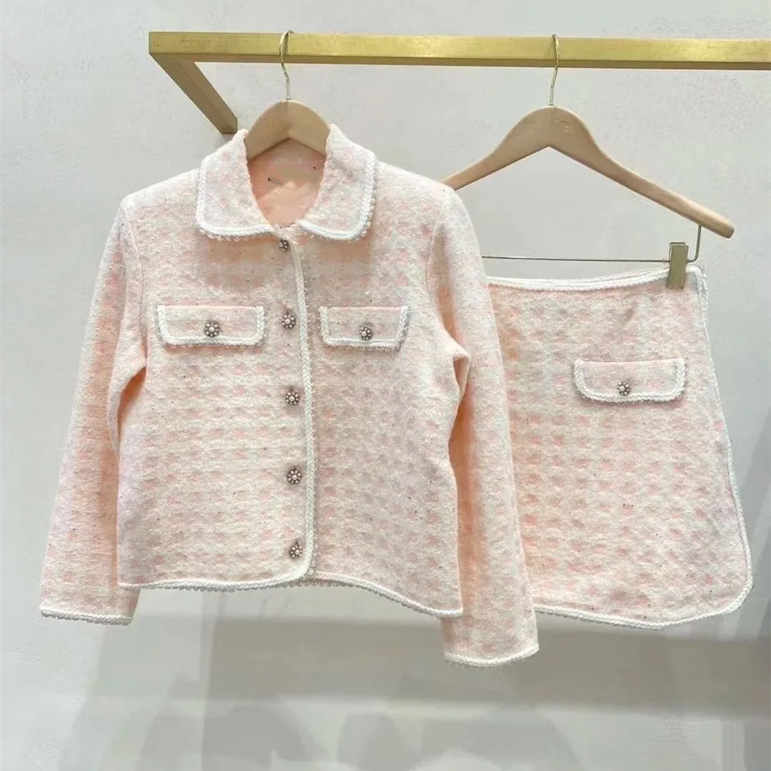 High-End Version European Style M-Home Heavy Bead Flower Pink Plaid Small Fragrance Wind Bead Jacket Short Skirt Knitted Open...