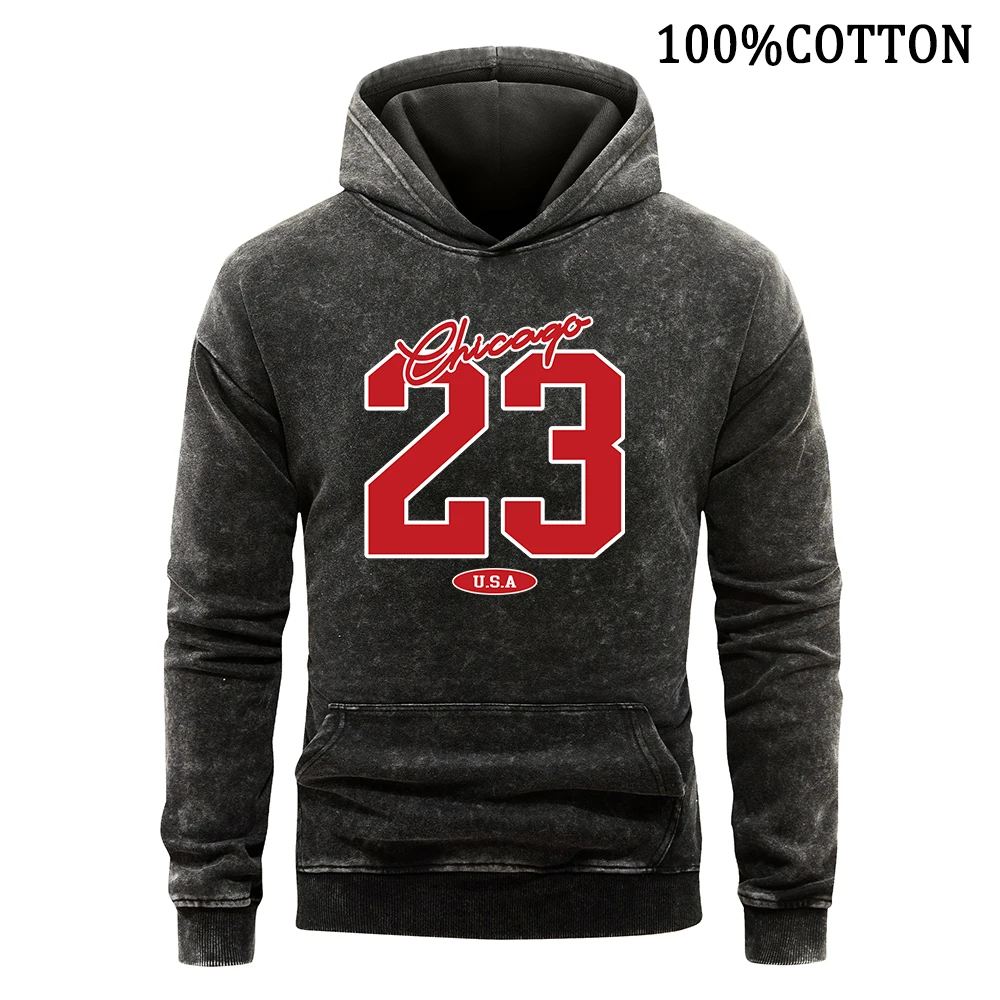 Chicago 23 Letter Man Hoodies Retro Washed Hoodie Cotton Hoody Autumn Casual Loose Pullover Flexible Comfortable Streetwear Tops