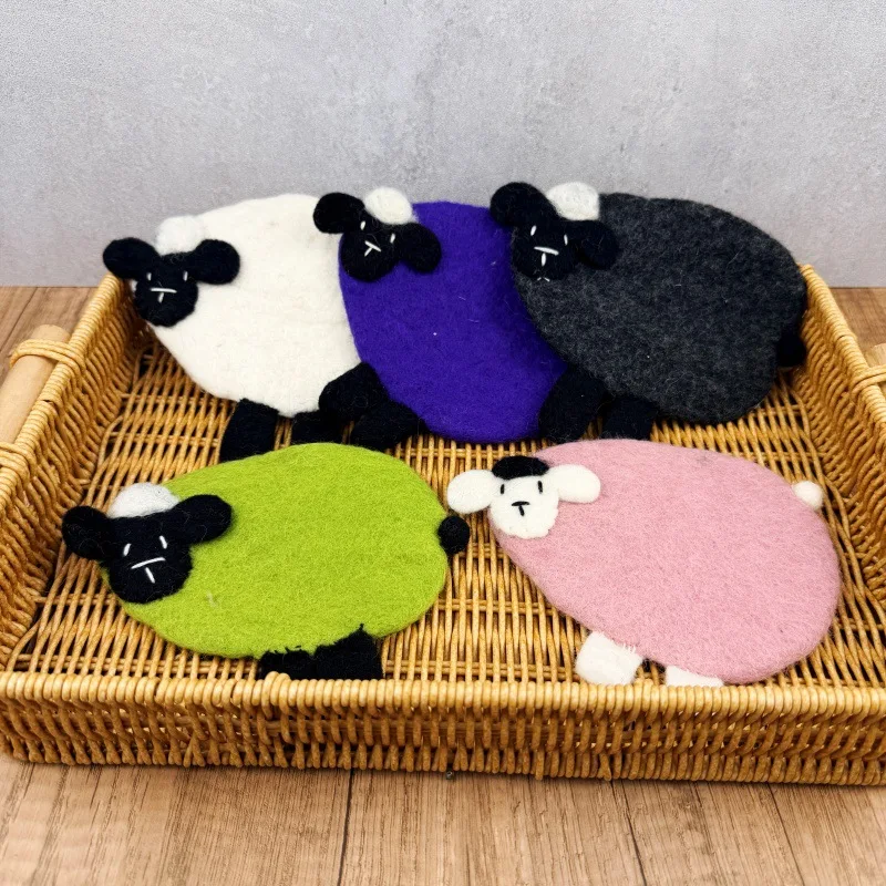Nepalese Handmade Cute Cartoon Sheep Felt Coasters, Goat Hair Insulation Pads, Placemats, Cultural Gifts