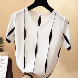 2024 Summer New Ice Silk Short-sleeved T-shirt Women's Korean-style Loose Slimming Top plus size Thin Base Sweater