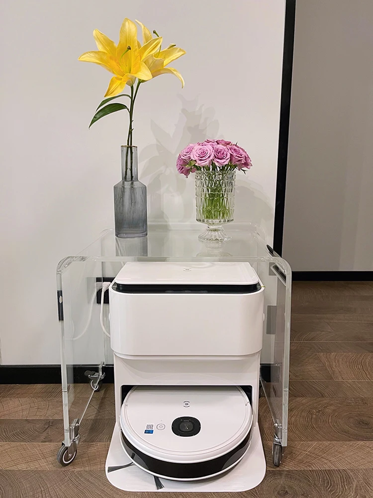 Acrylic Side Table with Wheels Sweeping Robot Companion Cart Removable Cover Rack