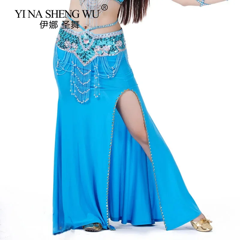 새로운 벨리댄스 핑크 스커트 1슬릿 고품질 크리스탈 코튼 스팽글 스커트 여성용 벨리댄스 롱 스커트 (벨트 제외)