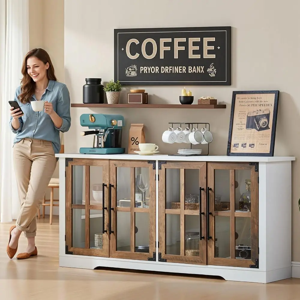 63 Buffet de ferme blanc avec porte vitrée et étagères réglables pour cuisine et salle à manger