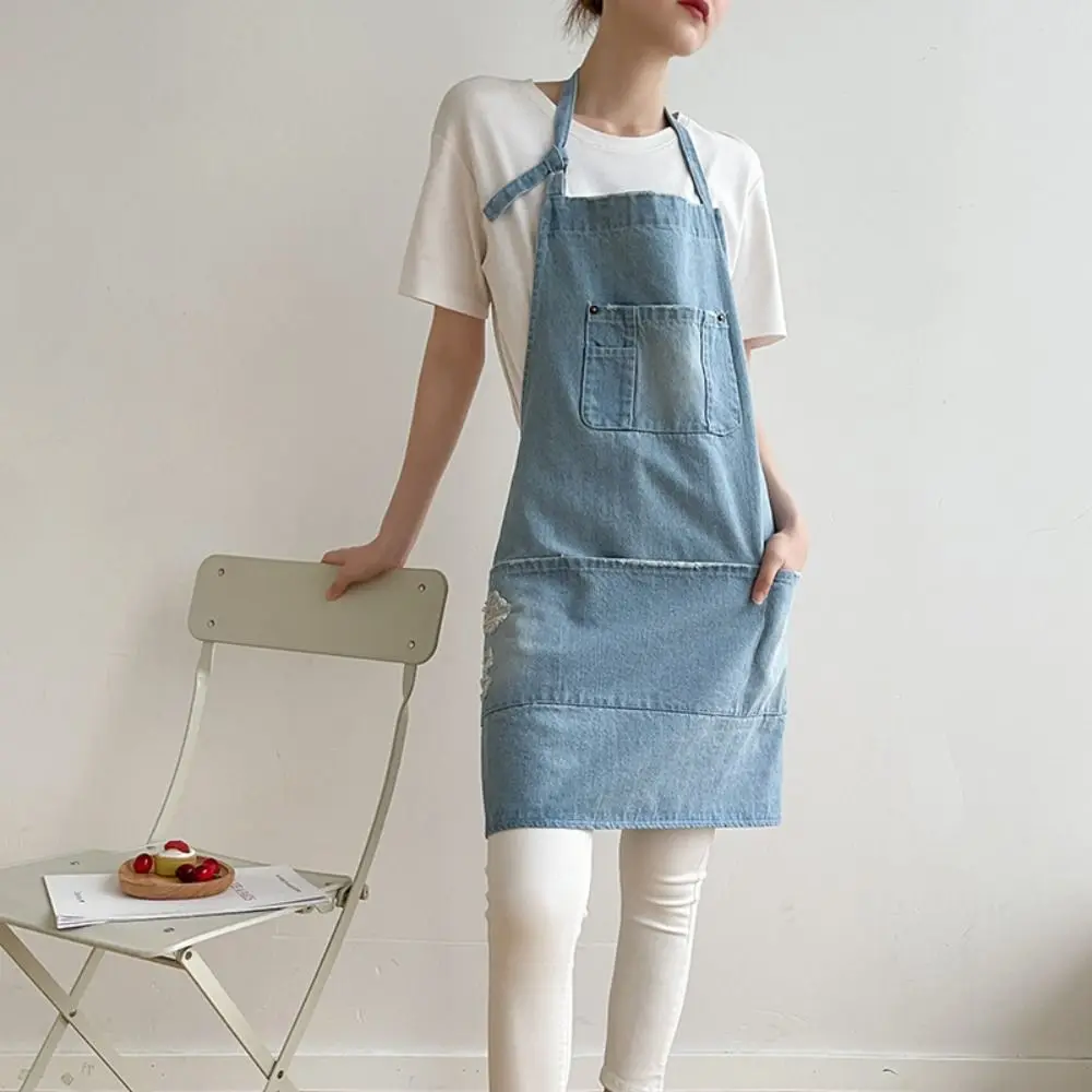 

Temperament Oil-Proof Denim Apron Unisex Cotton Waiter Extended Aprons Breathable with Pockets Advertising Apron Home Kitchen