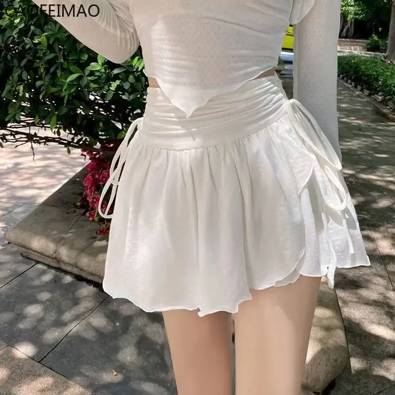 

Caofeimao Women Skirts Sexy Fashion White Short Skirt Drawstring Fold High Waist Irregular Ruffle Stitch Fairy Short Skirt 2025