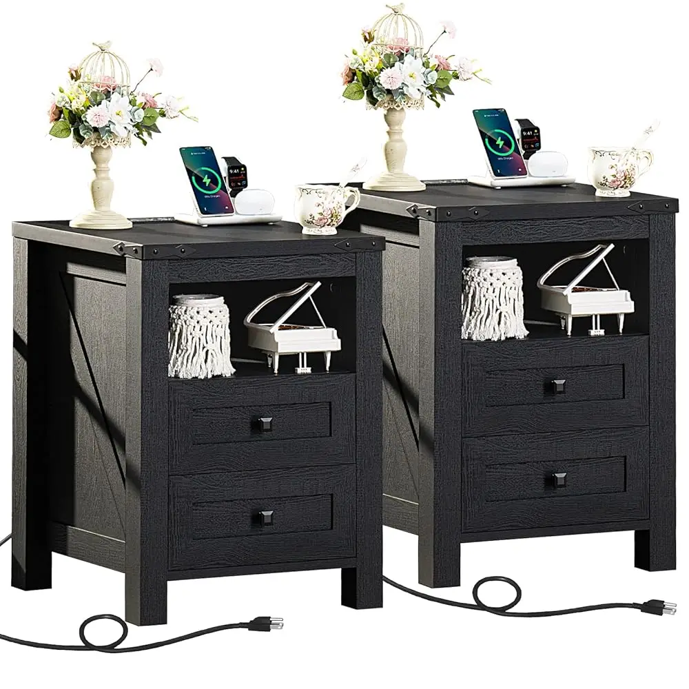 

Nightstands Set Of 2 With Charging Station, Farmhouse Night Stand With 2 Drawers And Shelf Storage, Wooden Side End Table,