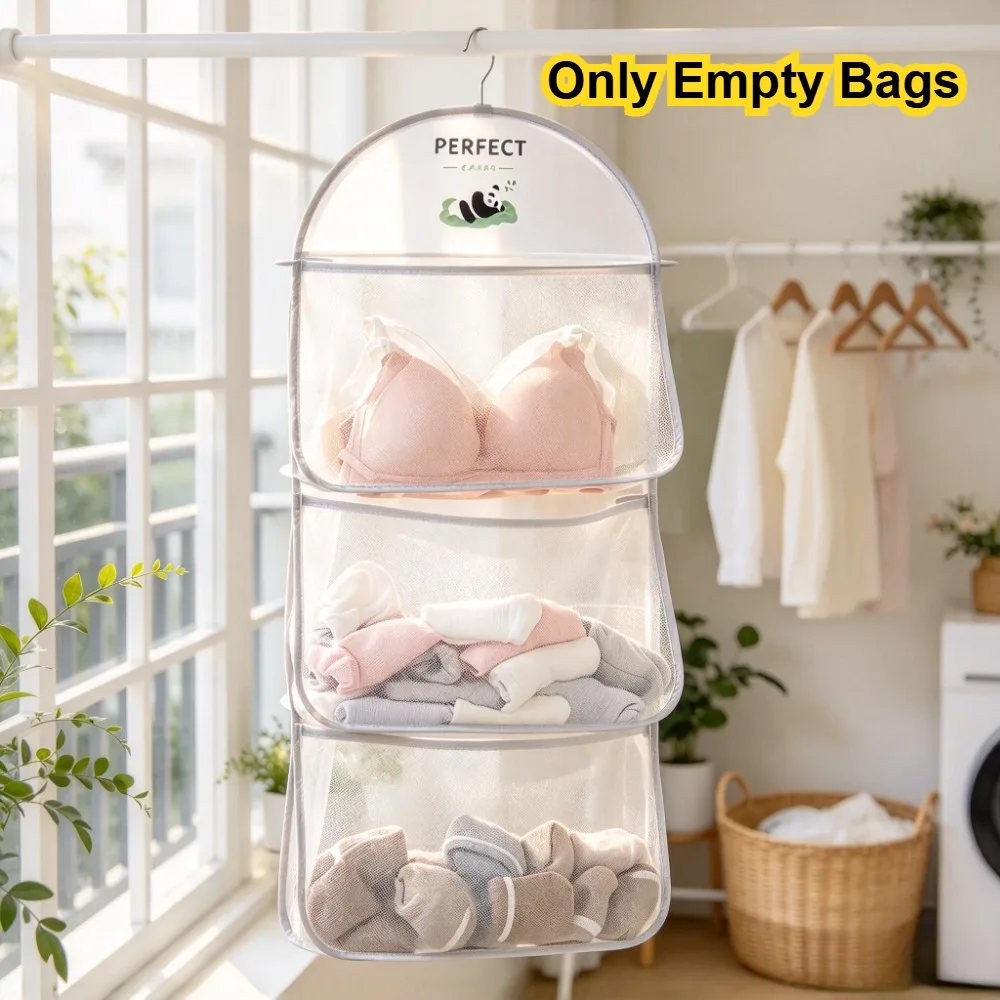 1 Piece Hanging Closet Storage Organizer with Panda Print Olyester Mesh Multi Pockets Underwear Socks Bra Storage Bag