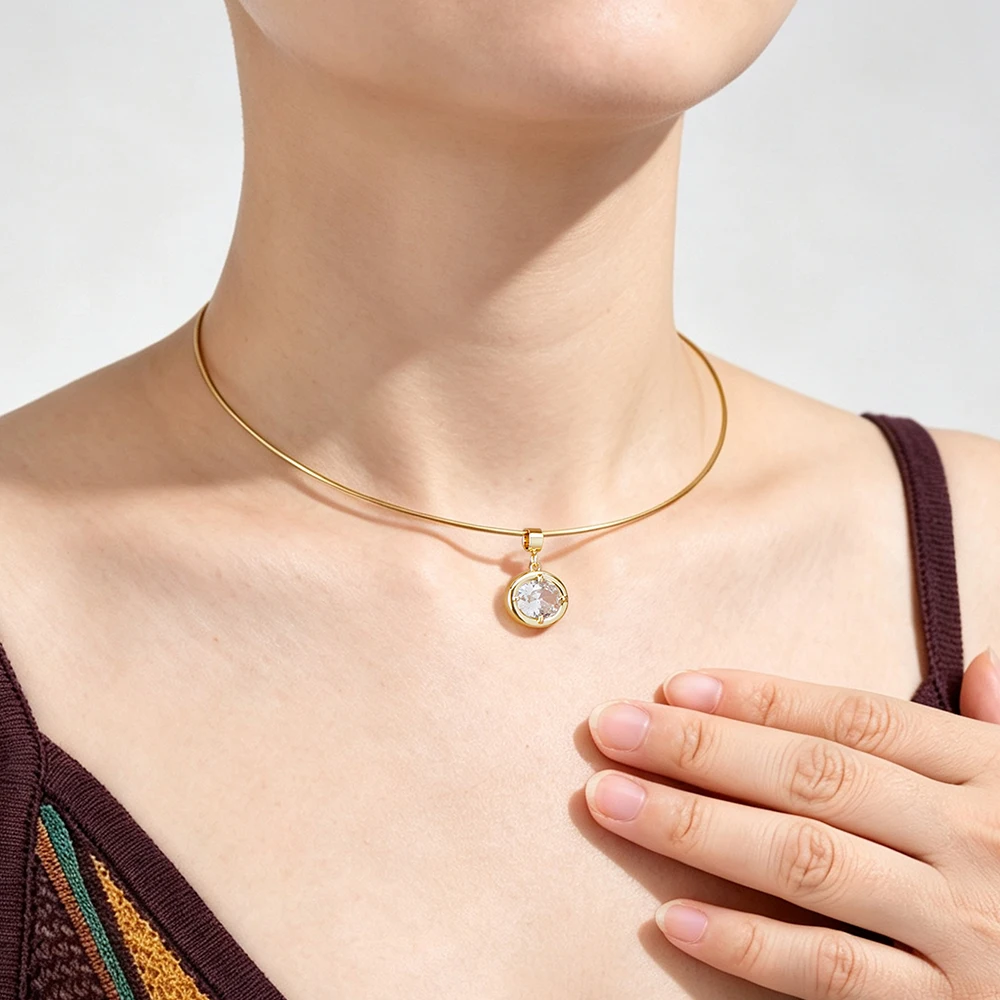 ENFASHION Round Crystal Necklace Stainless Steel Colorful Zircon Pendant Aesthetic Minimalist Modern Necklaces Daily P263731