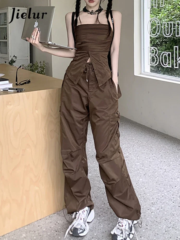 Jielur Brown Two Piece Set Casual Female Cargo Pants American Style Drawstring Slim Sexy Women's Pants Summer High Waist Pants