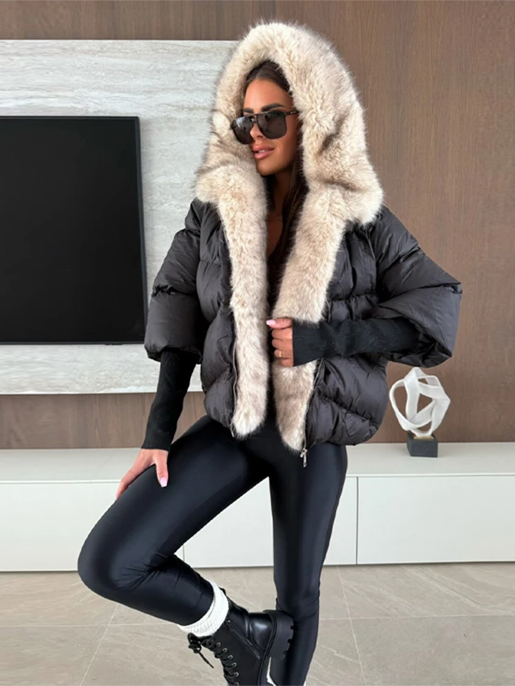 Women's Jackets Coat Hooded Fur Patchwork New Outwear Knitted Cuffs Zipper Female Fashion Elegant Solid Short Coat For Ladies