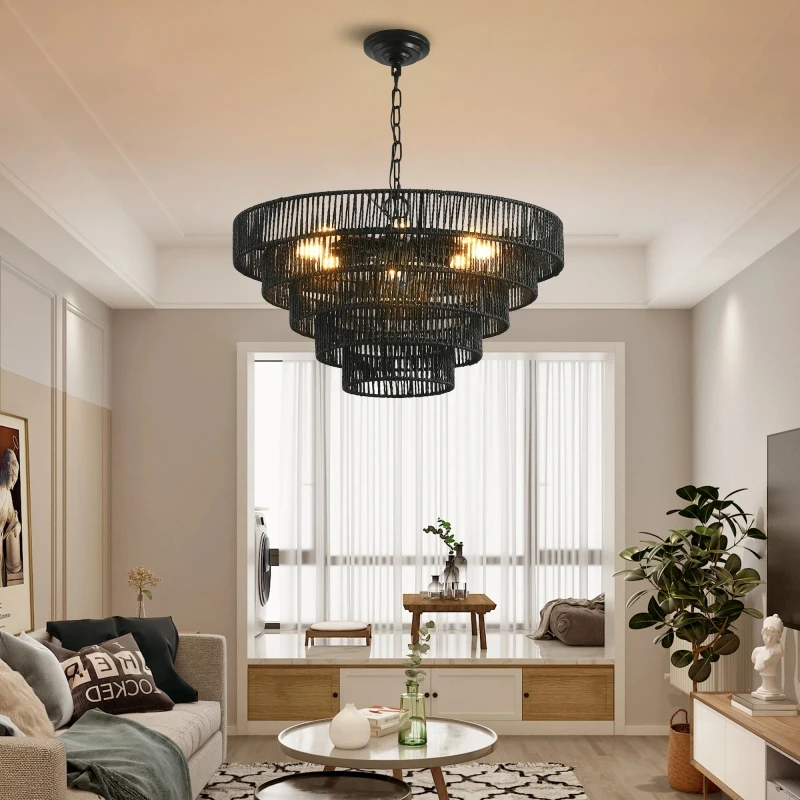

Japanese Style Black Hemp Rope Pendant Light Hand Woven Restaurant Study Homestay Hotel Wabi Sabi Style Lighting Fixtures