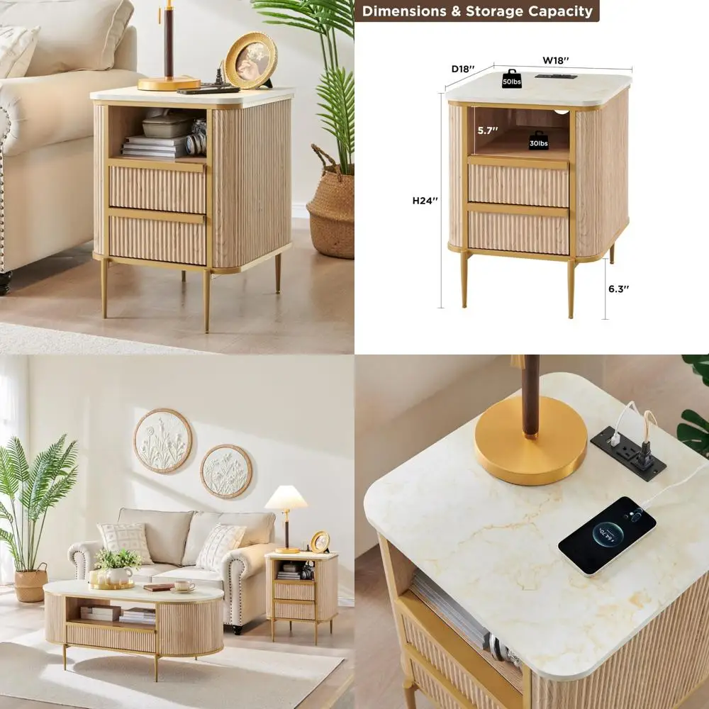 luxury modern fluted nightstand with charging station, dual drawers, faux marble top, gold finish