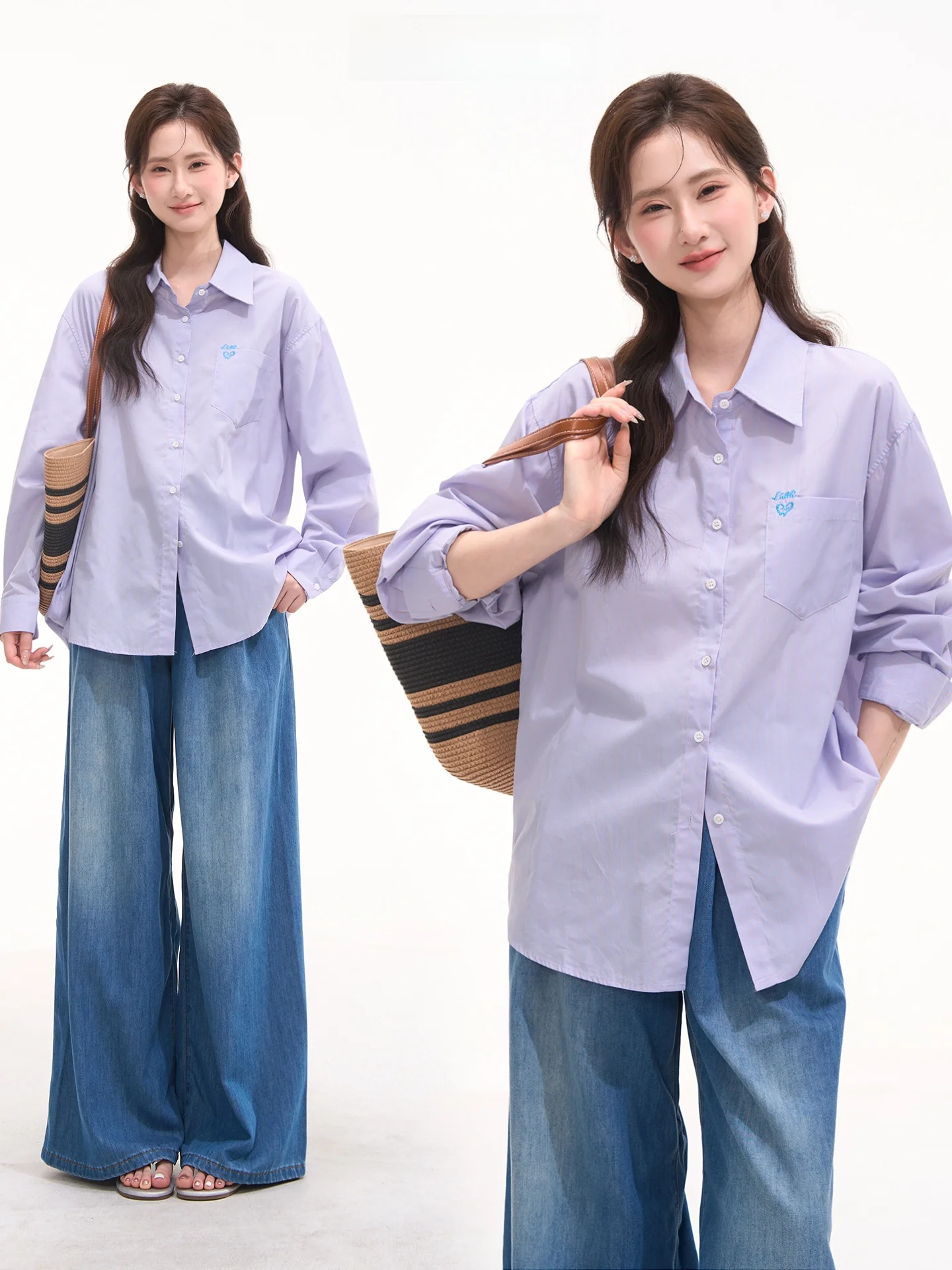 

Simple Elegant Korean Style Women's Shirt Cotton Long Sleeve Striped Design Embroidery Summer Top Casual Loose Fit