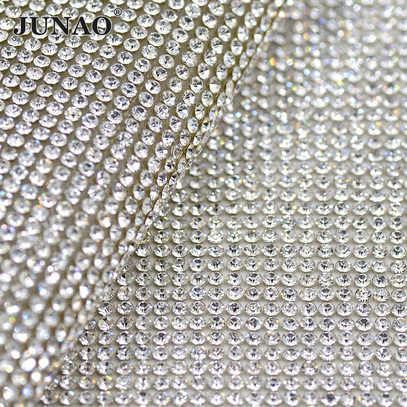 JUNAO 24*40cm Glitter Clear White Glass Rhinestone Mesh Trim Crystal Fabric Sheets Appliques Iron On Strass Banding For Garment