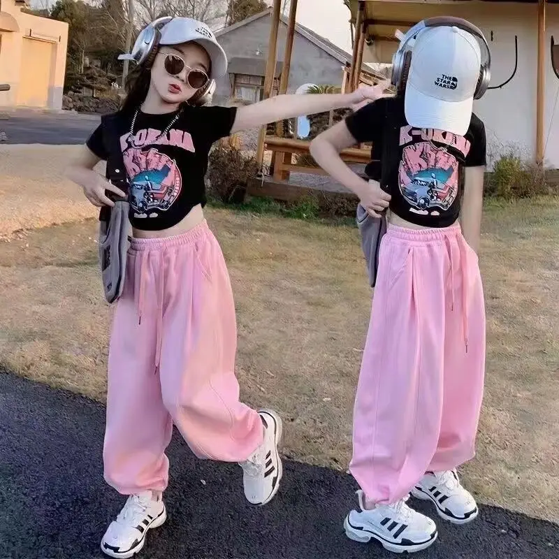 

2024 Teenager Summer Girls Clothes Midriff Street Suit Crop Top Cartoon Print T Shirt + Ripped Ankle-tied Pant 7 9 12 14 15 Year