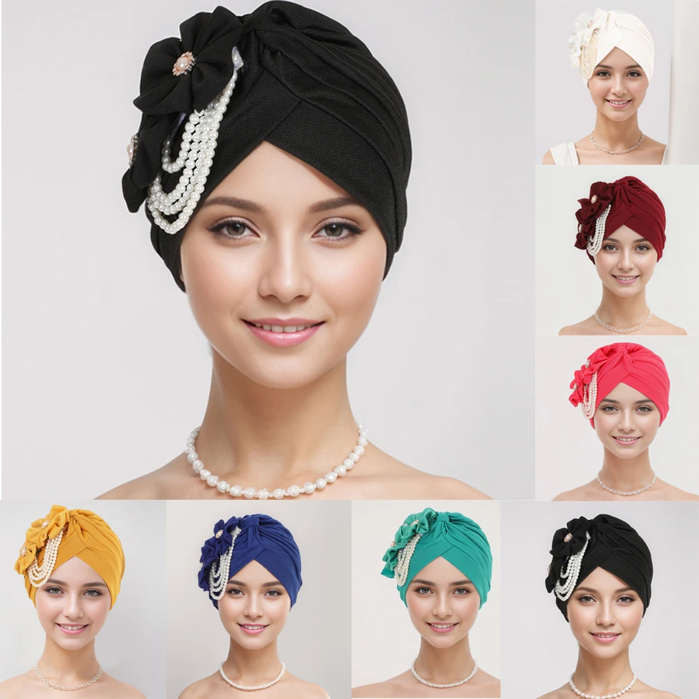 2024 nuove perle perline turbante chemio Cap Hijab donne fiore Design femminile testa avvolge foulard musulmano cofano perdita di capelli cappello copertura