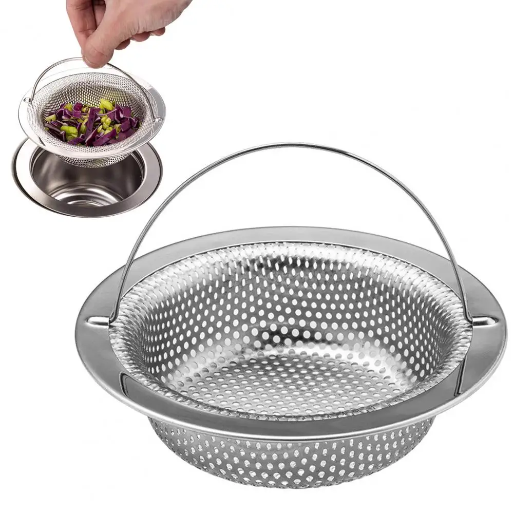 Stainless Steel Kitchen Sink Strainer Large Food Debris Holder Fine Mesh Clog-Free Drain Basket Easy-Lift Handle Durable Sewer F