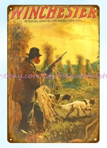 1914 Winchester firearm hunter dog shotguns metal tin sign nostalgic room wall