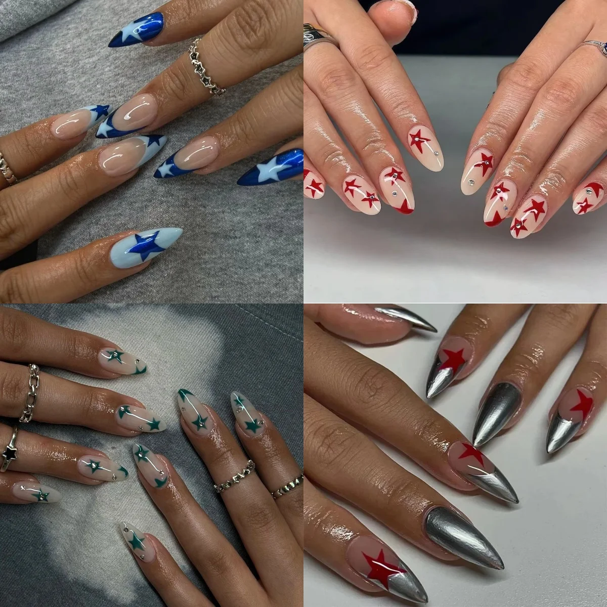 Chic Red Blue Punk Star Almond Fake Nails Art Long Pointed False Nail Shiny Rhinestones Charm Round Press on Nails Manicure Tool