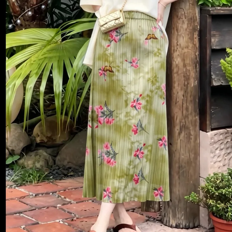 Miyake Pleated Printed Skirt Plisse Women 2026 New Summer Pleats Plus Size Jupe Original Design Loose Fold Skirt Women Clothing