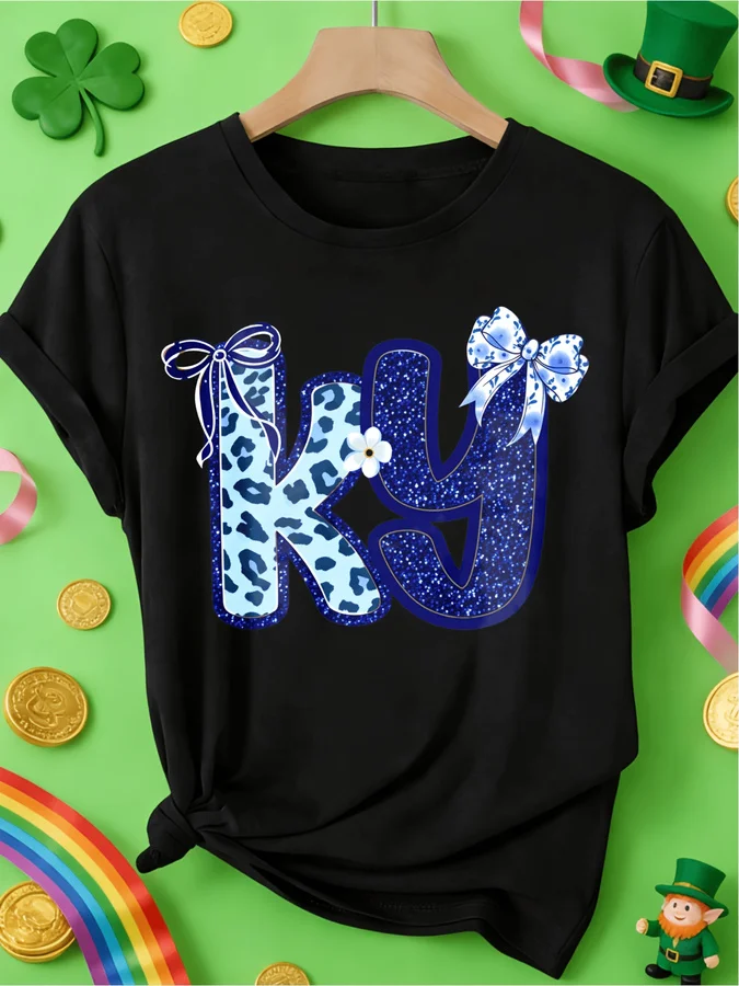 Kentucky KY State T Shirt Women Cute Blue Leopard Bow Graphic Tees Coquette Ribbon Letter Printed Short Sleeve Crew Neck Top Casual Summer Apparel