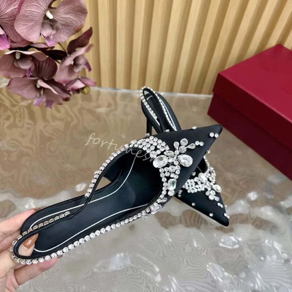 

Luxury Satin Rhinestones Pumps Women Pointed Toe Shallow Back Strap Stiletto Heel Party Sandals 2025 New Fashion Wedding Shoes
