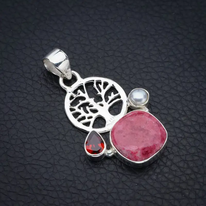 StarGems Pink Thulite River Pearl And Garnet TreeHandmade 925 Sterling Silver Pendant 1.5