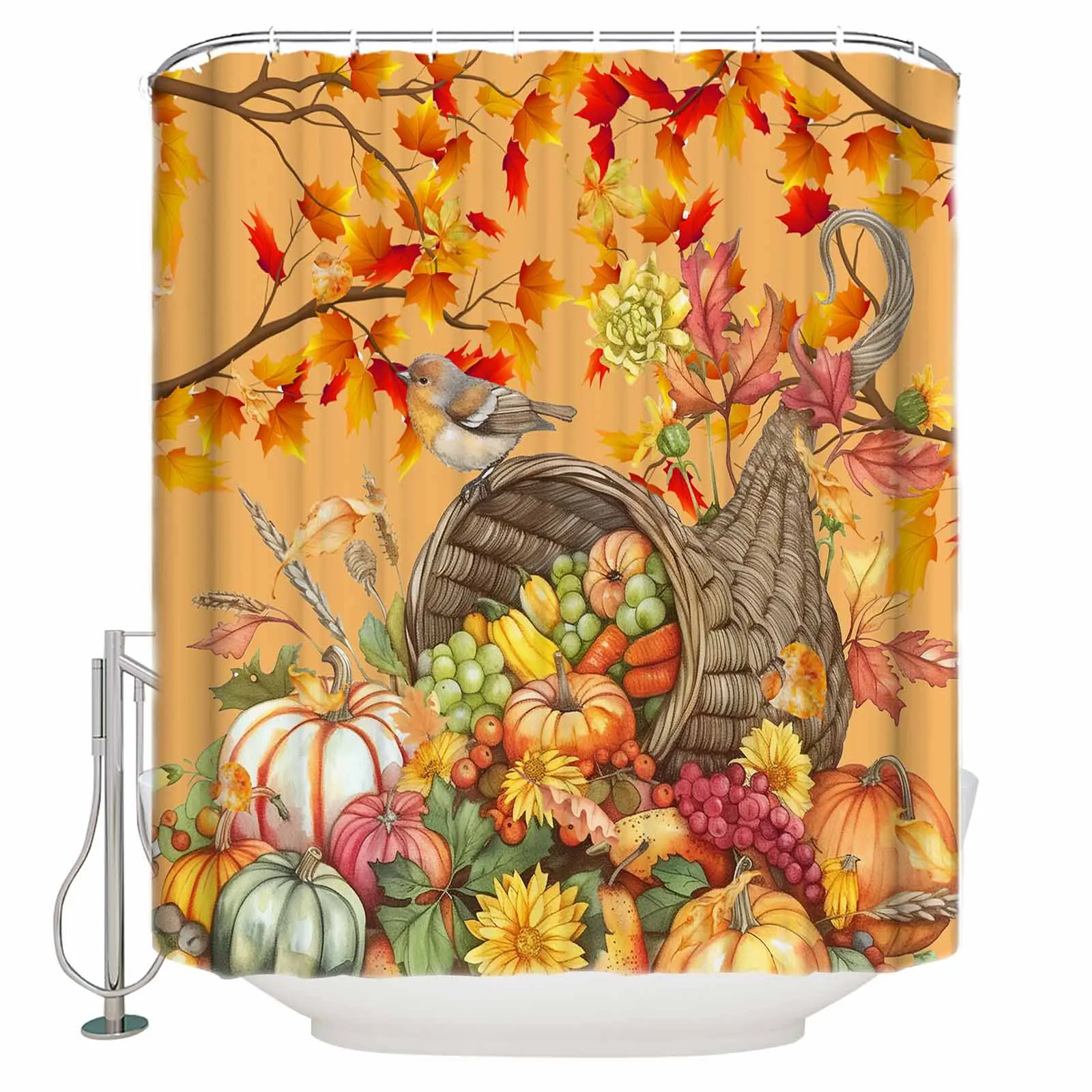 Autumn Pumpkin Maple Leaf Grapes Robin Shower Curtains Waterproof Bath Curtains Home Decor Modern Luxury Bathroom Curtain