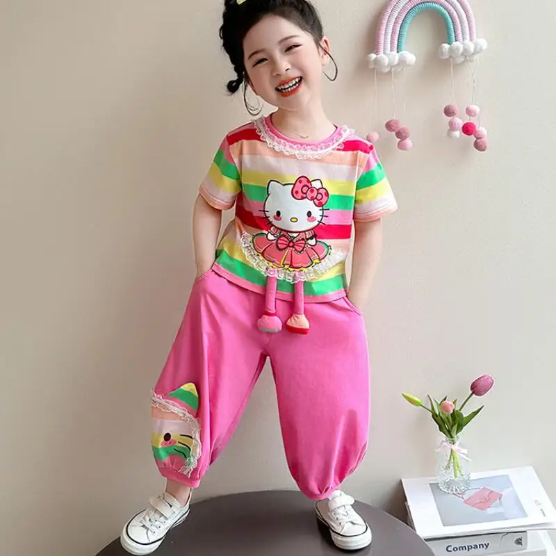 

Детский летний костюм из двух предметов: футболка с кружевным круглым вырезом и шорты-блумеры в корейском стиле, мягкий комплект для девочек