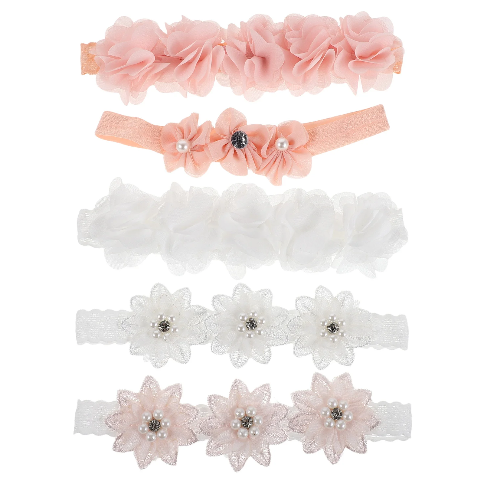 

5pcs Baby Headband Floral Pearl Accents Stretchy Newborn Hair Accessories Elastic Flower Hairband For Toddler Infant Girl Girls
