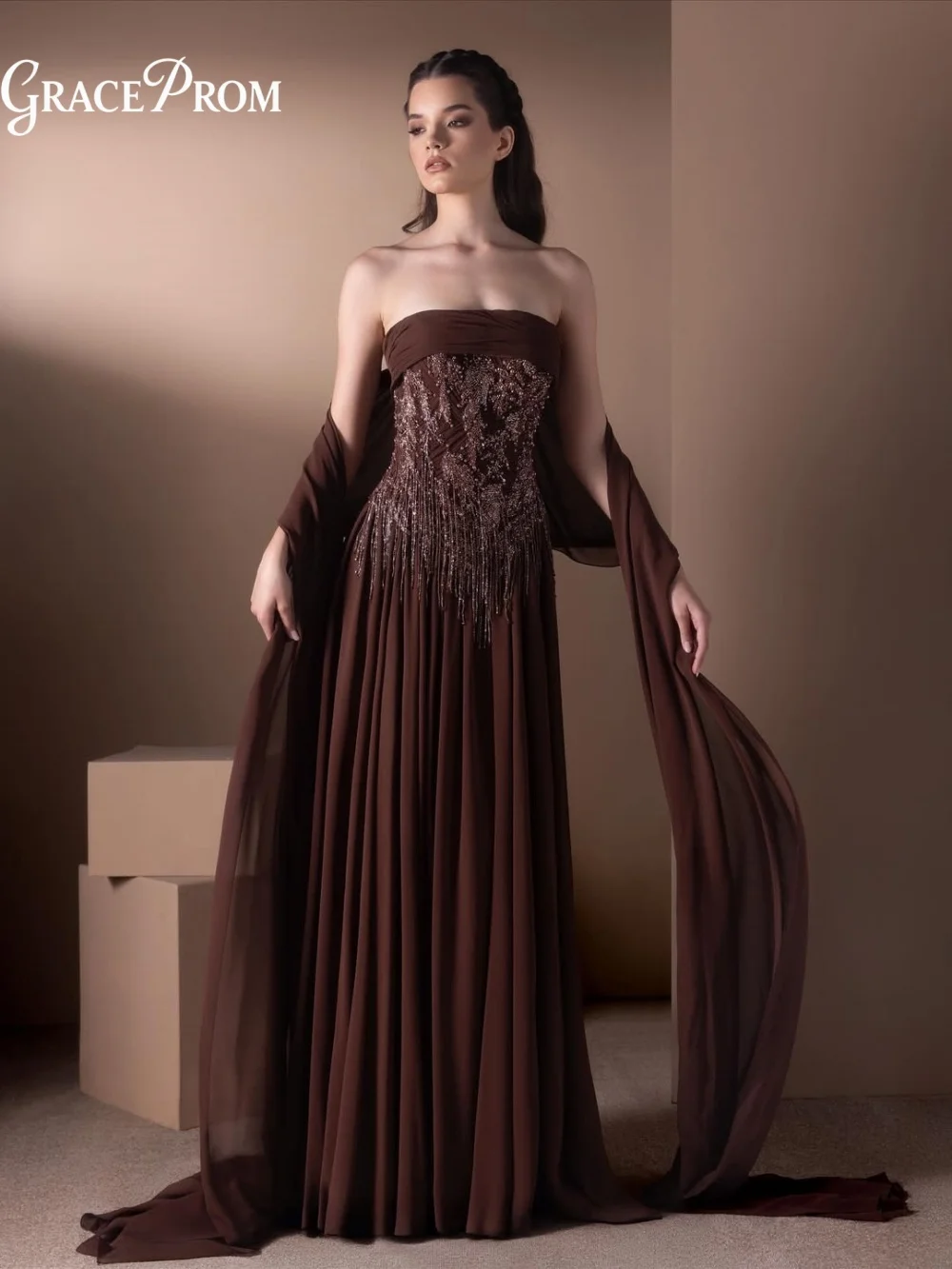 Glamorous Strapless Fringe Beaded Evening Gown Exquisite Matching Shawl Formal Prom Dress Wedding Guest Party Dress فساتين سهرة