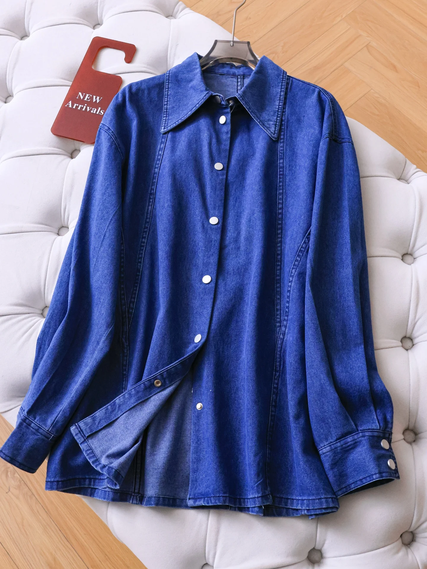 

Spring 2026 Women's Pure Color Loose Fit Long Sleeve Turn-down Collar Denim Shirt Layering Medium Length Commute Style Cotton