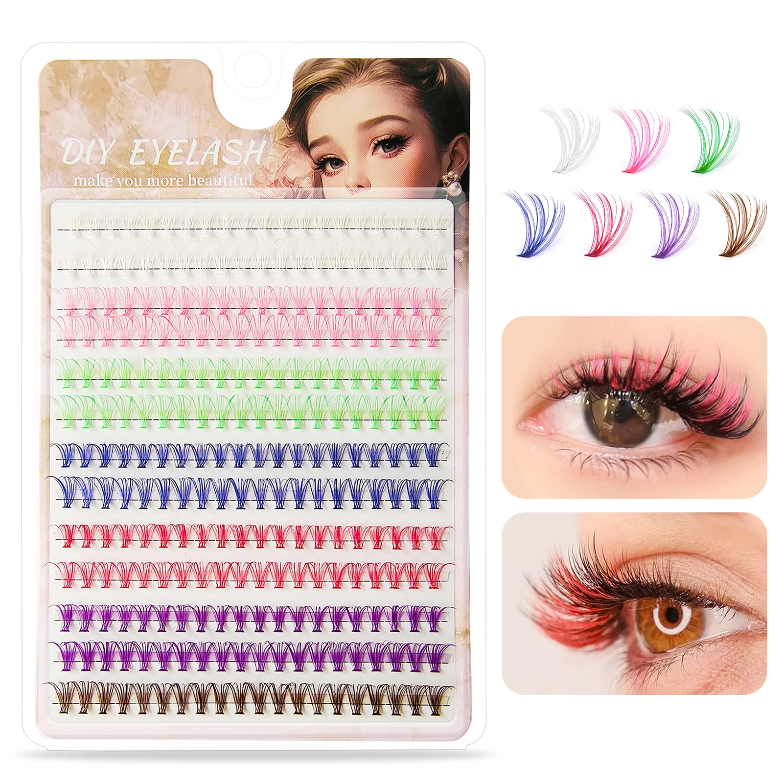 Rainbow Lashes Clusters DIY 260 Pcs Natural D Curl White Pink Blue Green Purple Color lashes Mix 10-12 mm Reusable Eyelash Book