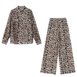 UNIZERA 2024 Autumn New Women's Casual Retro Versatile Animal Print Shirt High Waist Straight Leg Wide Leg Pants Set