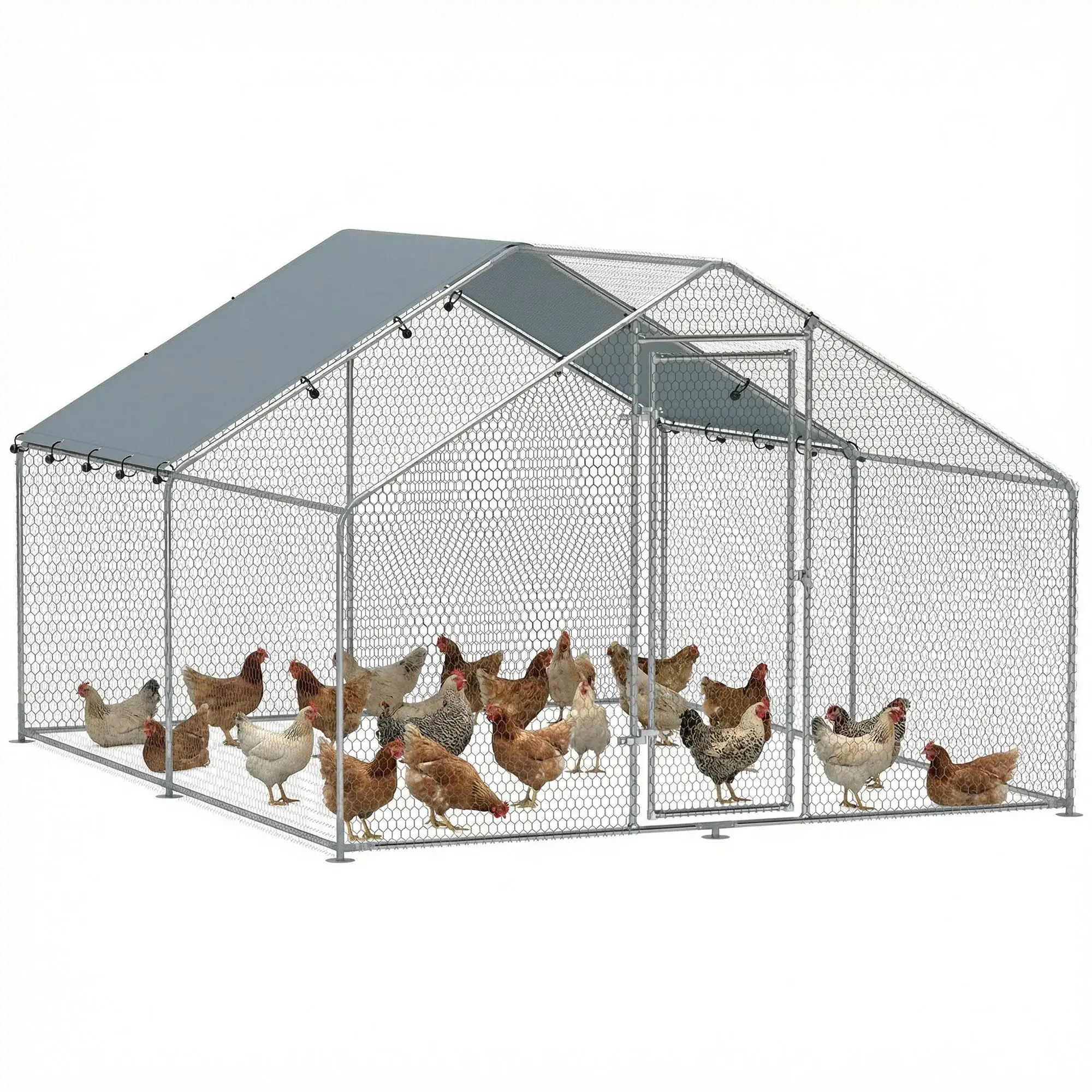 Enclos pour poulets PawHut résistant aux UV et imperméable pour 10 à 15 poulets 3x3,4x1,9 m argent