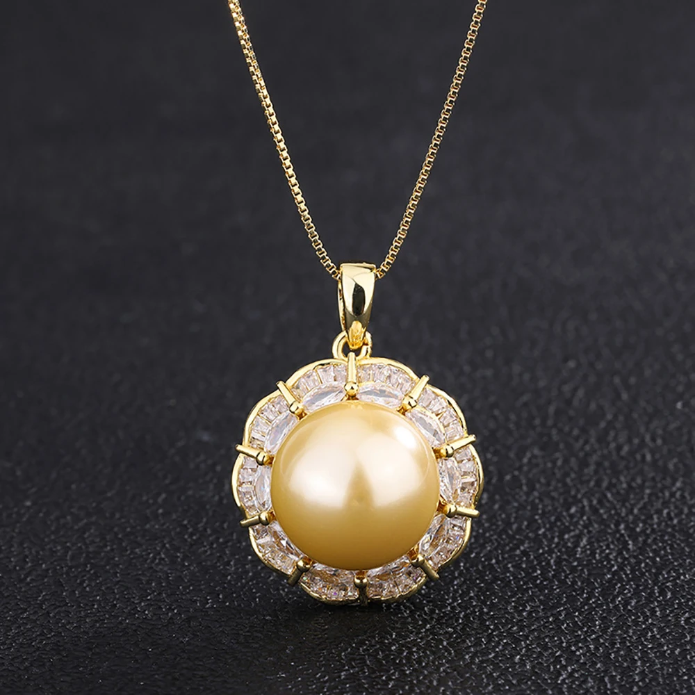 Luxury 12-16mm Pale Gold Color Pearl Lab Diamond Pendant Necklace Ring Earrings Women Party Jewelry Sets Elegant Birthday Gift